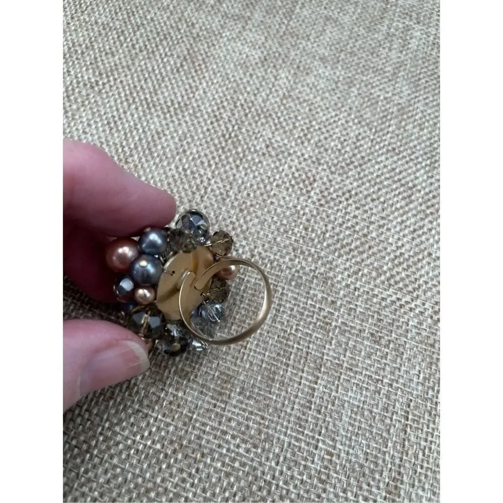 Vintage Beaded Wire Wrapped Pearl Mixed Beaded Cluster Ring Adjustable Sz 7.5